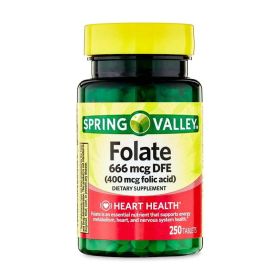 Spring Valley Folate Dietary Supplement Tablets, 400 mcg, 250 Count